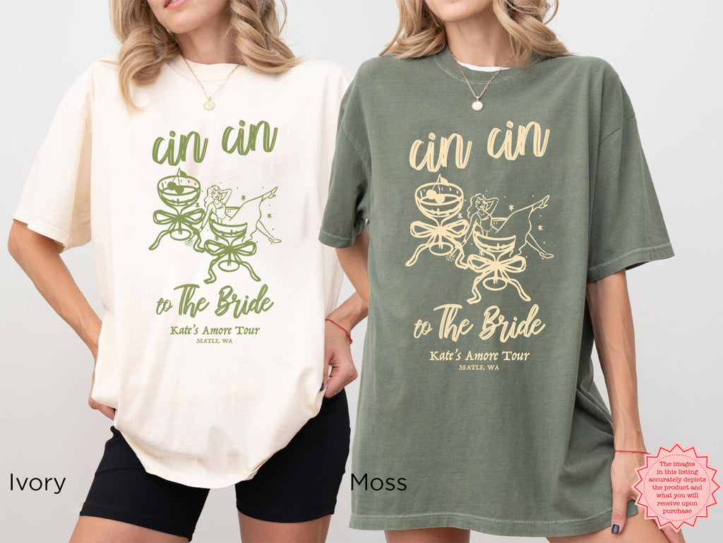 Green and Cream Cin Cin the Bride shirt styled casual – relaxed fit bachelorette party tee paired with a pink gingham skirt, perfect for wedding weekend fun.
