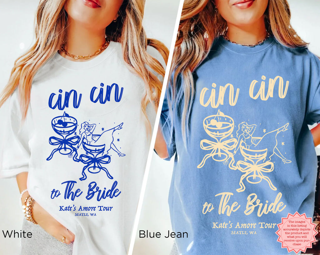 Blue or Cream Cin Cin the Bride shirt front view – eco-friendly DTG printed bridal shirt in blue jean, featuring cream-colored “Cin Cin the Bride” text.