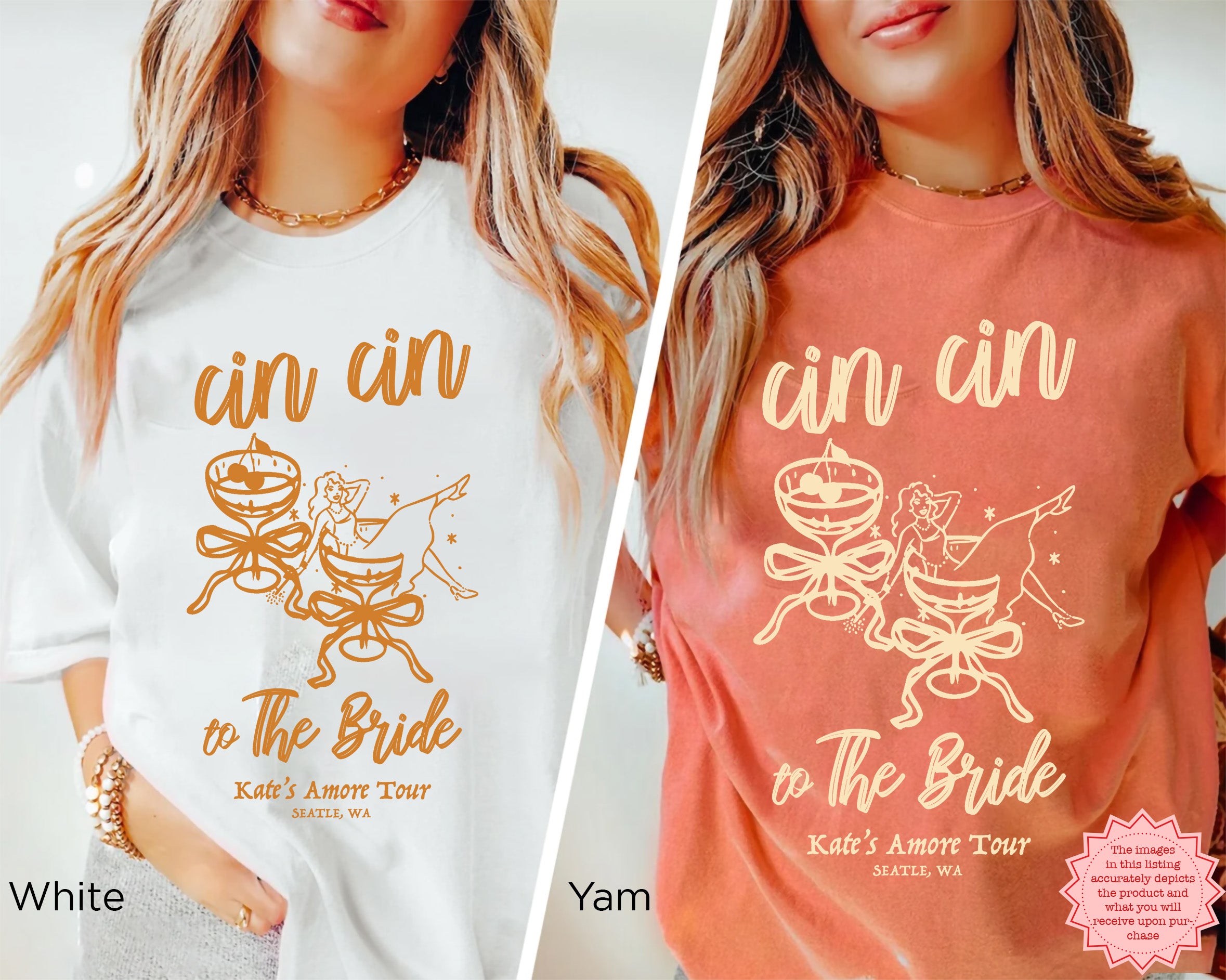 Ivory Cin Cin the Bride shirt lifestyle shot – cozy styling with soft cardigan and iced beverage, highlighting bridal party DTG tee for fun weekend wear.