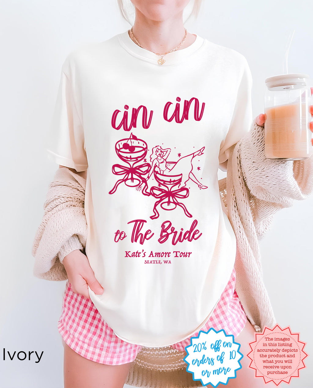 Red Cin Cin the Bride shirt front view – unisex Comfort Colors tee with pink “Cin Cin the Bride” DTG print, styled with black shorts.