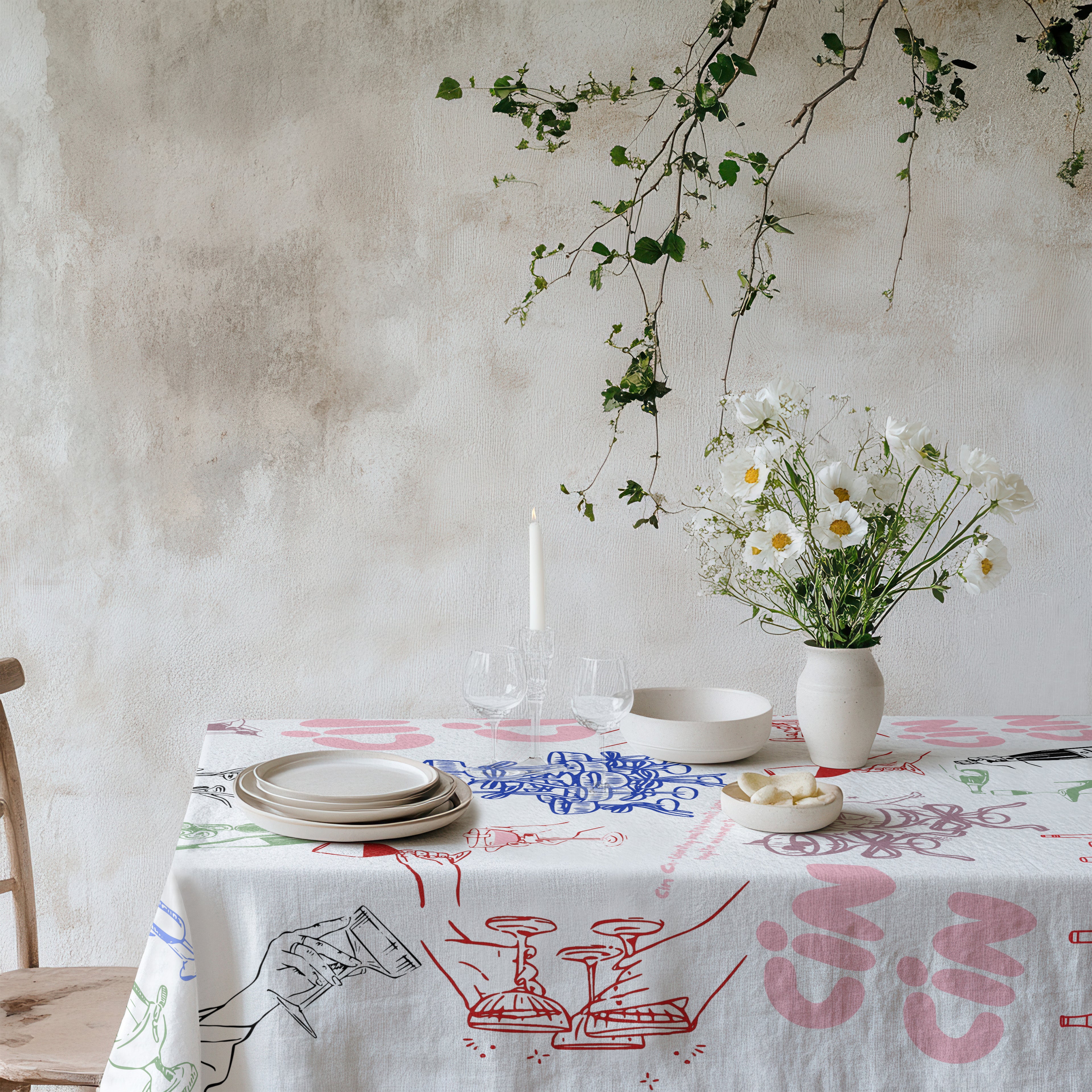 Cin Cin Celebration Tablecloth featuring colourful hand-drawn Italian aperitivo illustrations on premium white cotton twill fabric