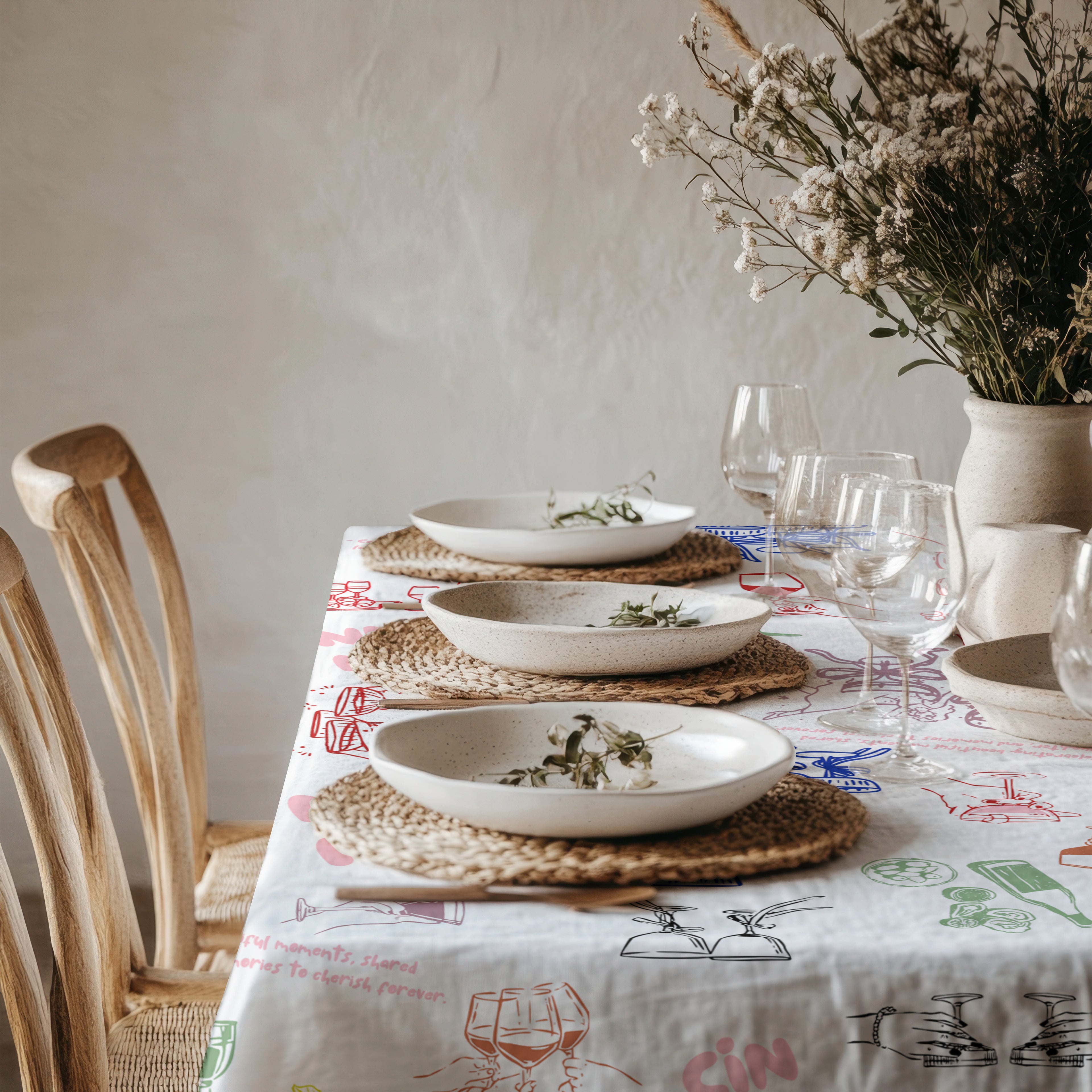 Modern Mediterranean table setting with colourful Cin Cin Italian aperitivo tablecloth, ceramic plates, flowers and relaxed dining decor