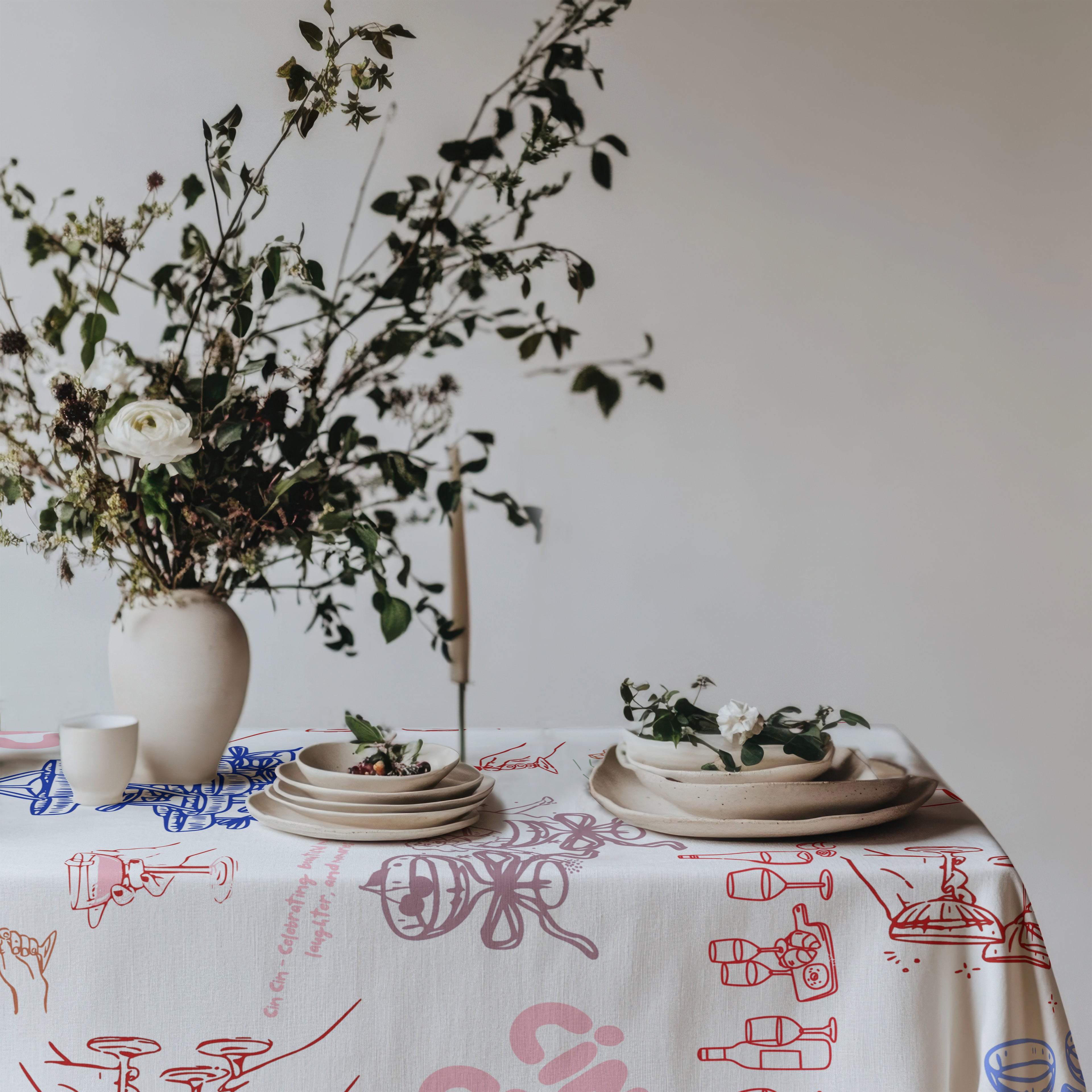 Cin Cin Celebration Tablecloth | Italian Aperitivo Hand-Drawn Cotton Twill Table Linen