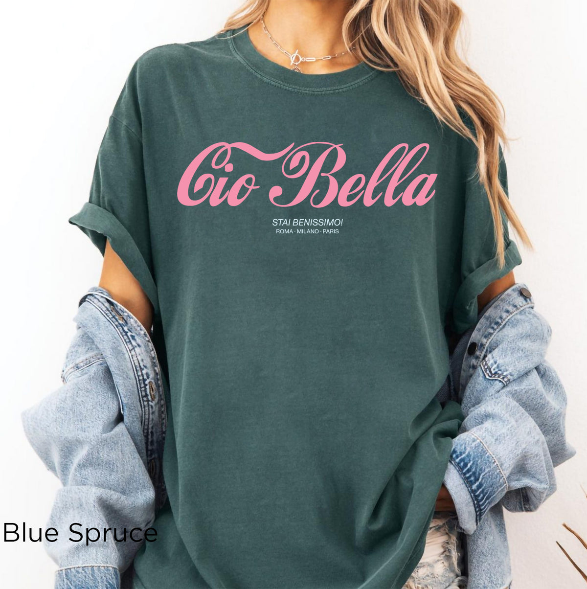 Cio Bella Stai Benissimo graphic t-shirt in Blossom pink with retro Italian typography and Roma Milano Paris detail