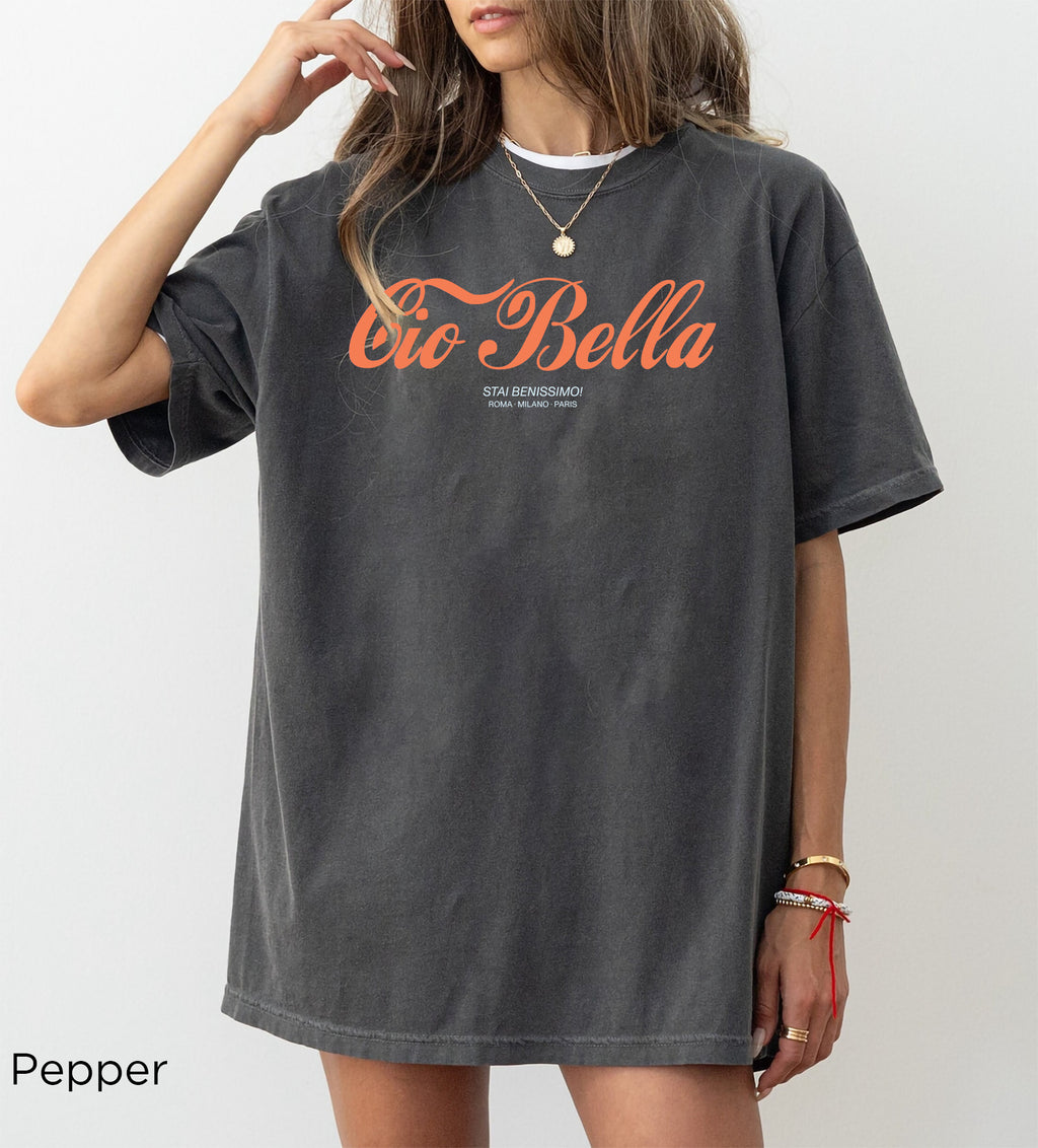 Cio Bella Stai Benissimo Italian graphic t-shirt in Pepper, a vintage charcoal Comfort Colors 1717 heavyweight tee