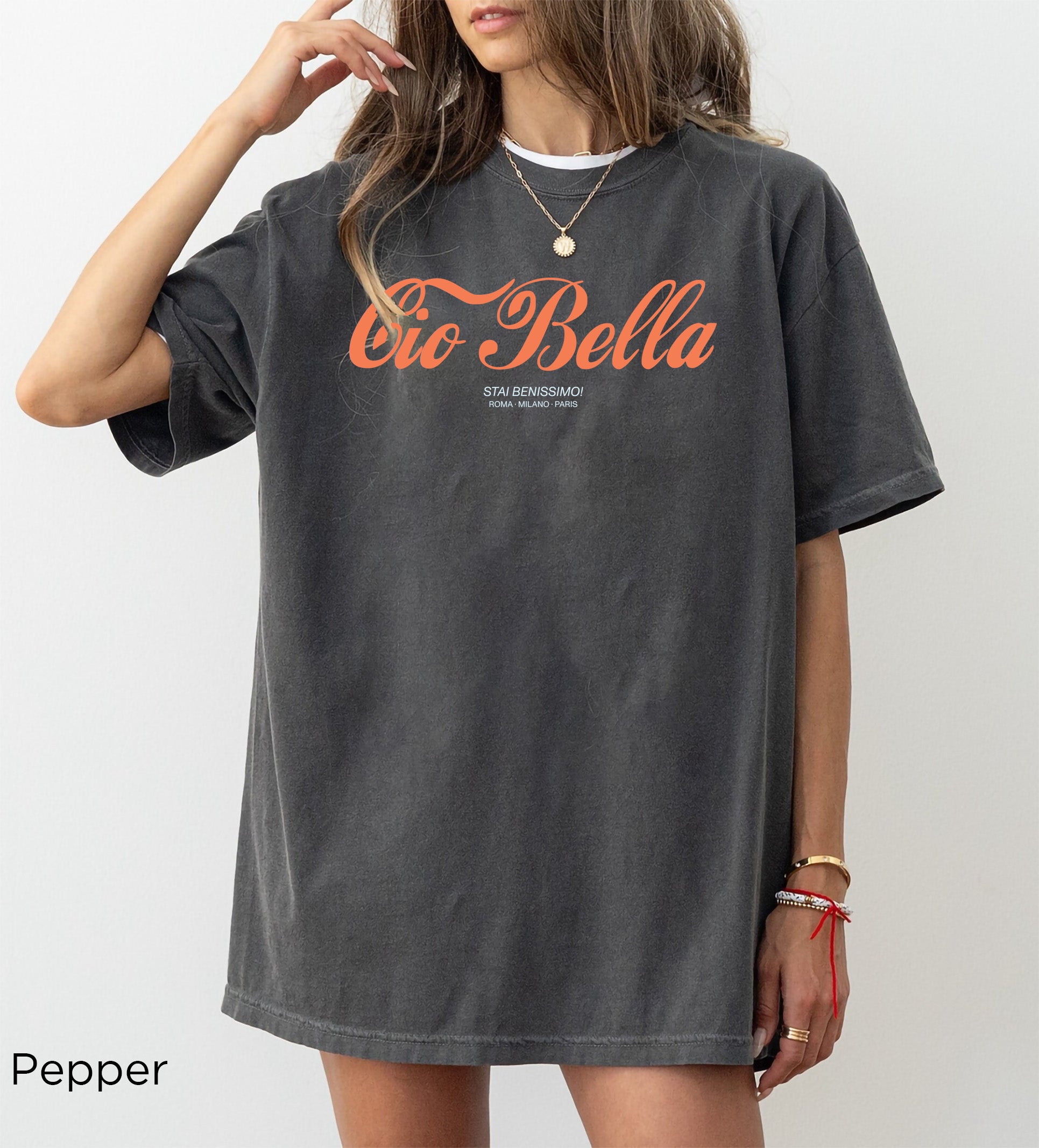 Cio Bella Stai Benissimo Italian graphic t-shirt in Pepper, a vintage charcoal Comfort Colors 1717 heavyweight tee