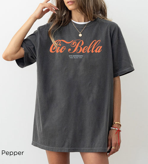 Cio Bella Stai Benissimo Italian graphic t-shirt in Pepper, a vintage charcoal Comfort Colors 1717 heavyweight tee