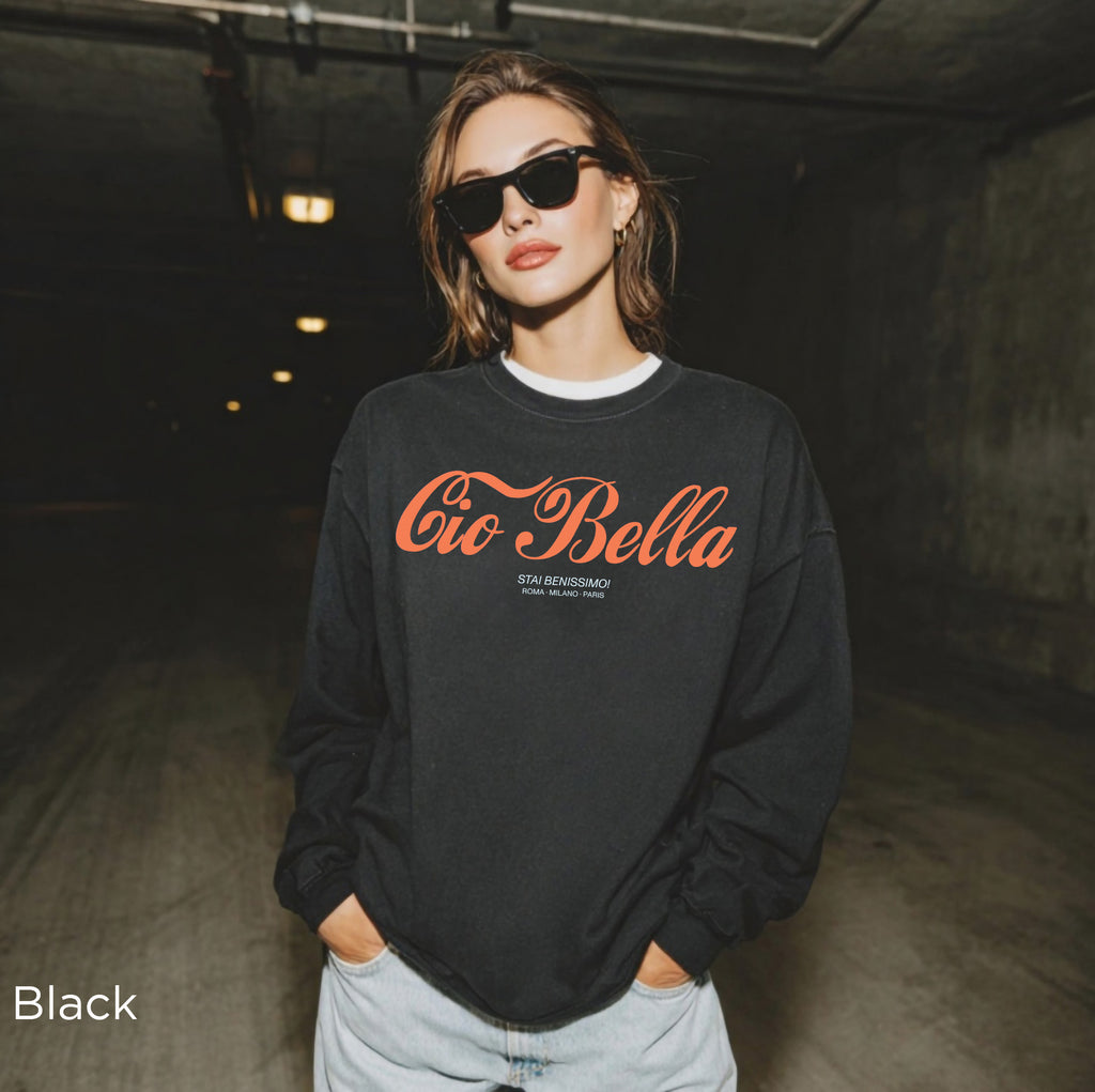 Cio Bella Stai Benissimo vintage Italian graphic sweatshirt in Sand with retro script and European fashion-inspired design