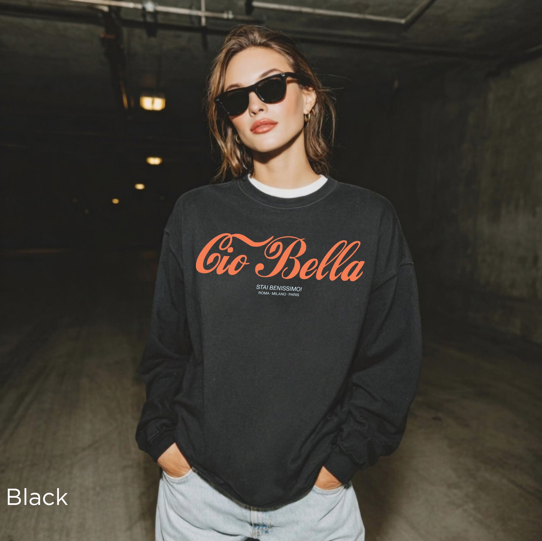 Cio Bella Stai Benissimo vintage Italian graphic sweatshirt in Sand with retro script and European fashion-inspired design