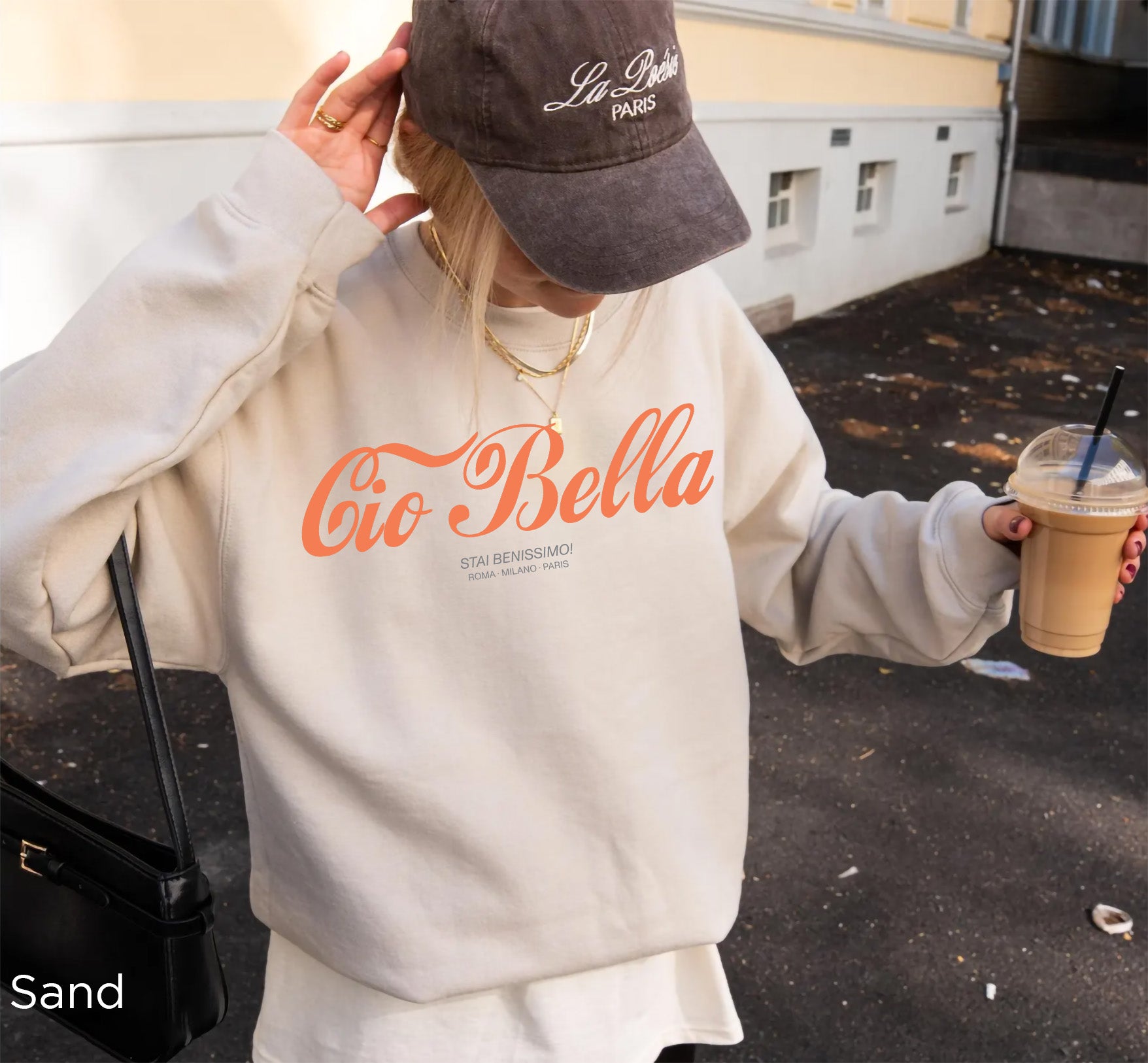 Cio Bella Stai Benissimo Italian graphic crewneck sweatshirt in Navy featuring Roma Milano Paris lettering