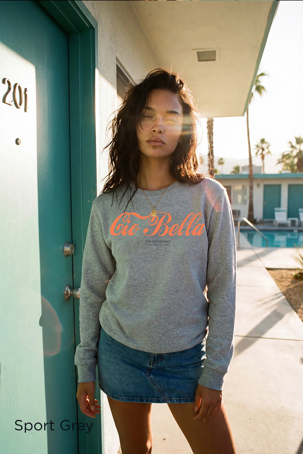 Cio Bella Stai Benissimo Italian-inspired graphic sweatshirt in Light Pink with feminine retro typography and Roma Milano Paris detail