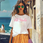 Cio Bella Stai Benissimo graphic t-shirt in Blue Spruce with retro Italian-inspired typography and Roma Milano Paris detail