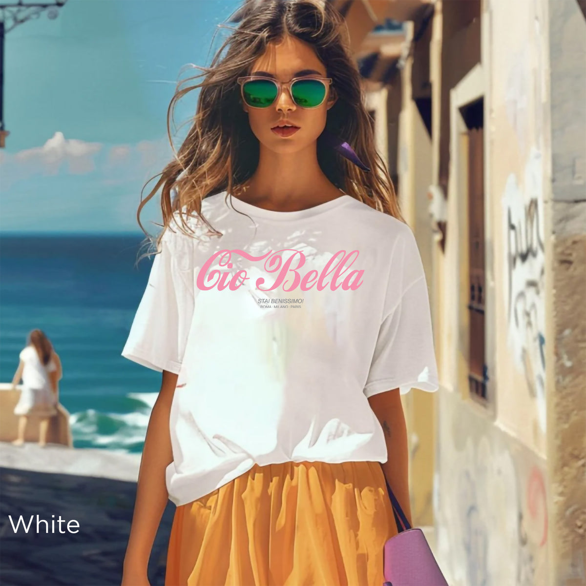 Cio Bella Stai Benissimo graphic t-shirt in Blue Spruce with retro Italian-inspired typography and Roma Milano Paris detail