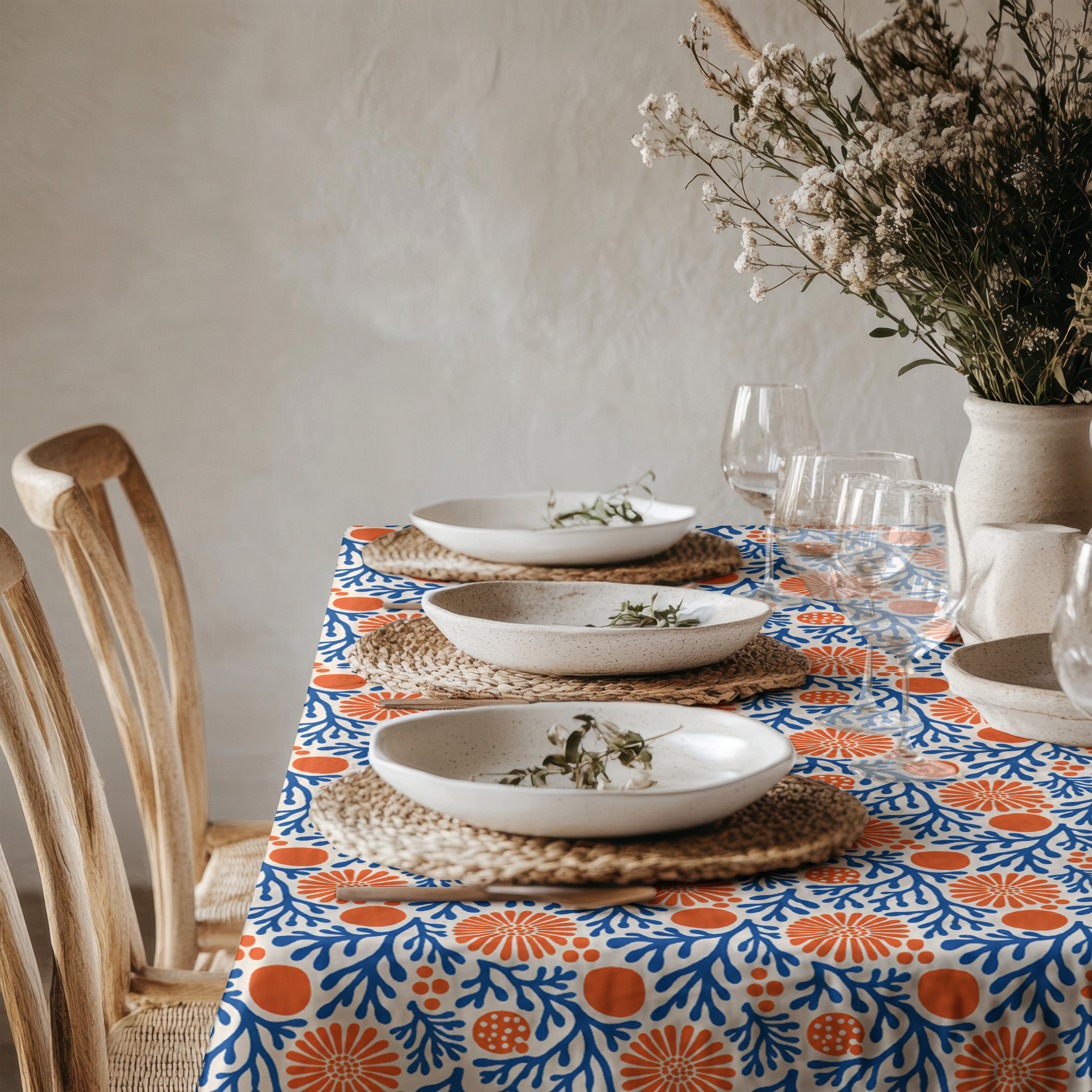 Blue coral botanical tablecloth inspired by Mediterranean sea life and coastal European interiors.