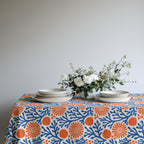 100% cotton twill Mediterranean tablecloth featuring a blue coral reef and terracotta floral print.