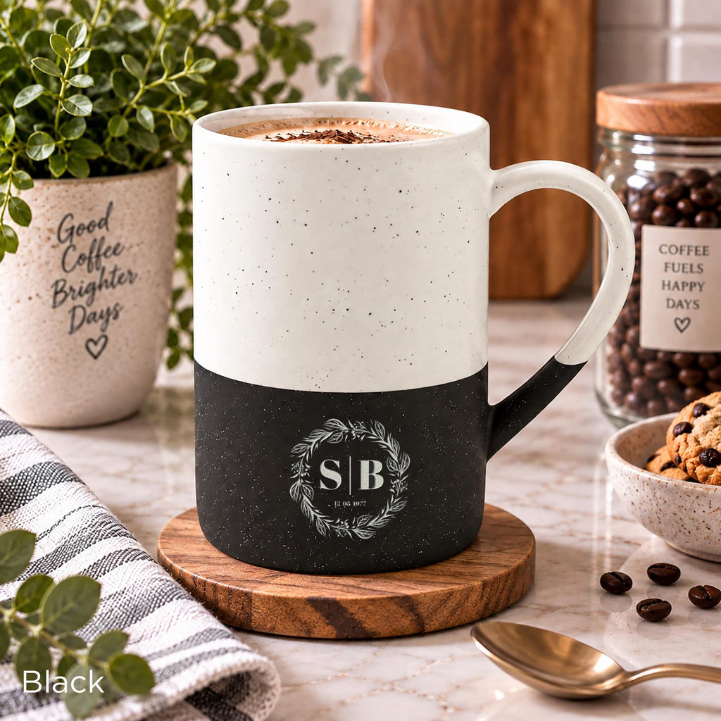Black Speckled Wayland 13oz ceramic mug with an olive branch crest and personalised details.
