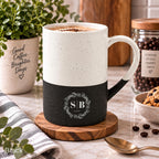 Black Speckled Wayland 13oz ceramic mug with an olive branch crest and personalised details.