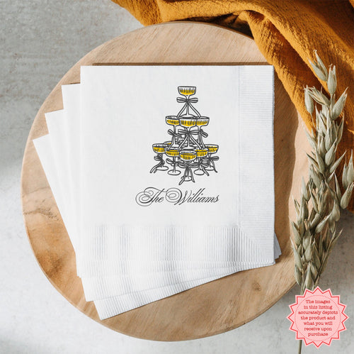 Personalized Champagne Social Club napkin featuring custom names and event date, perfect for weddings, bridal showers, and cocktail parties.
