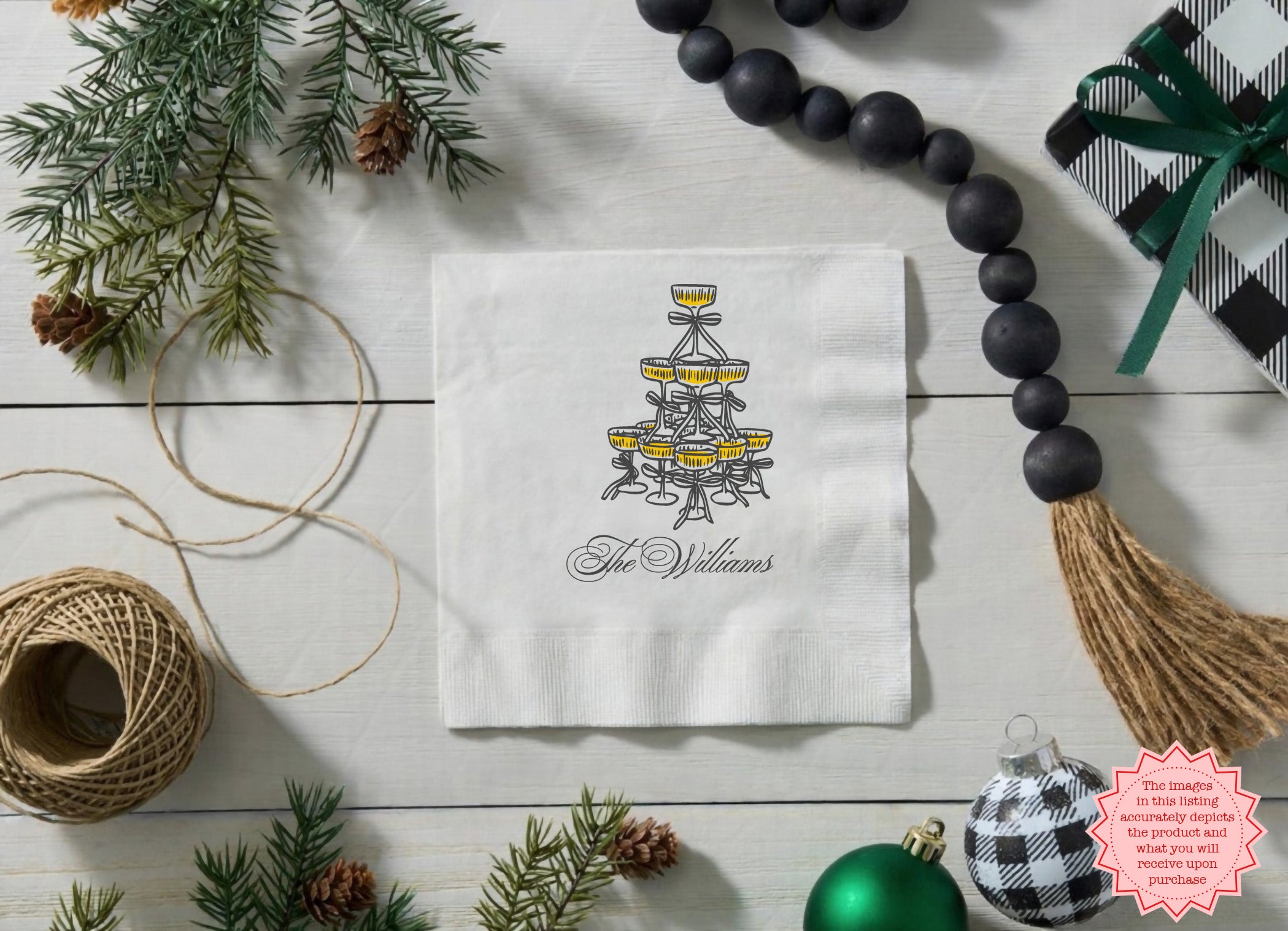 White three-ply beverage napkin with Champagne Social Club design, customized for bridal showers and bachelorette celebrations.