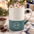 Forest green personalised ceramic coffee mug with an elegant olive branch crest and custom name or initials and memorable date.
