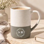Grey Speckled Wayland 13oz ceramic mug with an olive branch crest and personalised details, including a name or initials and special date.