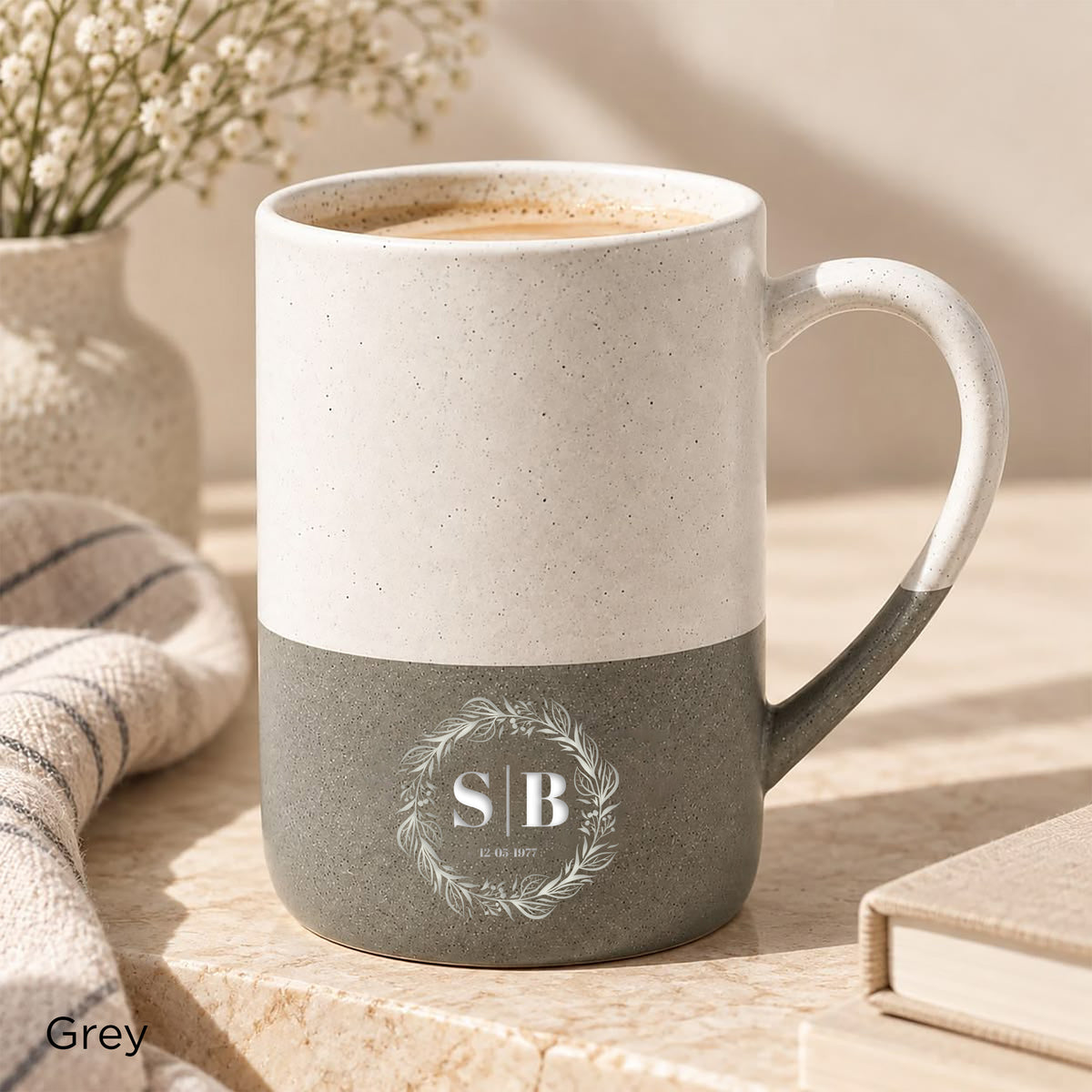 Grey Speckled Wayland 13oz ceramic mug with an olive branch crest and personalised details, including a name or initials and special date.