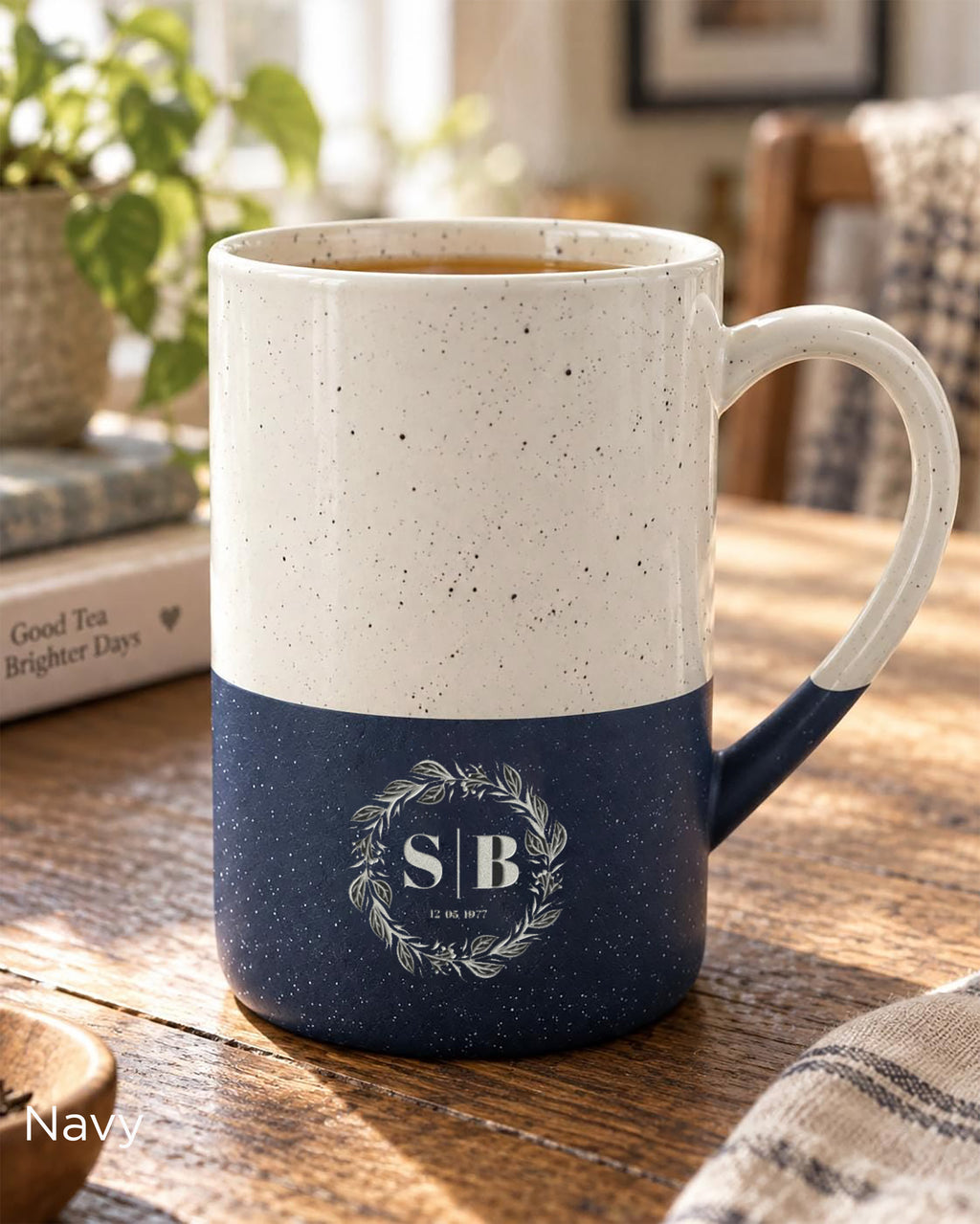 Navy blue Speckled Wayland ceramic mug featuring an olive branch crest and personalised name or initials with a special date.