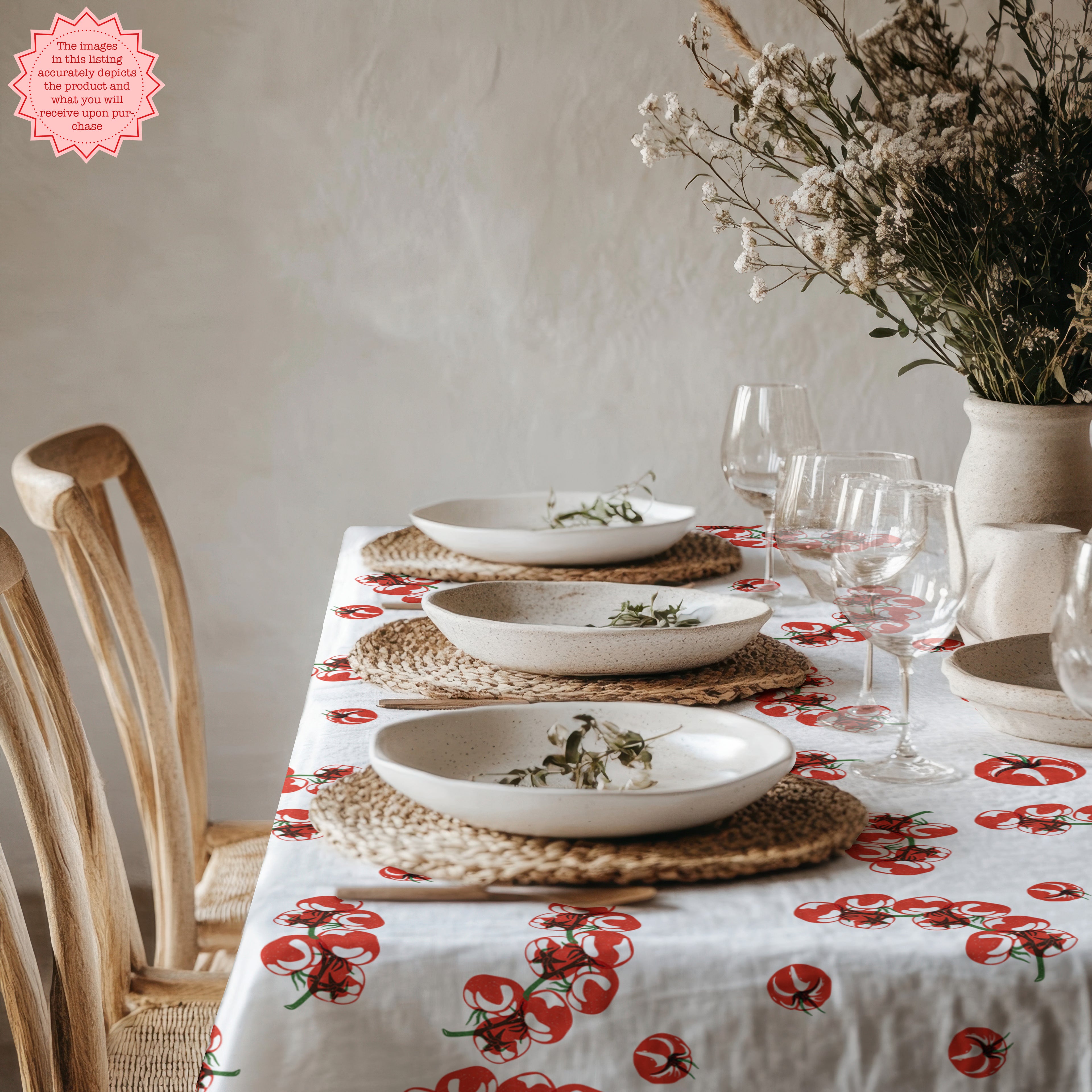 Tomato Block Print Tablecloth in a playful red and white design, featuring a fresh tomato pattern, displayed on a clean dining table with neutral plates and a flower arrangement. Perfect for Mediterranean-inspired decor.