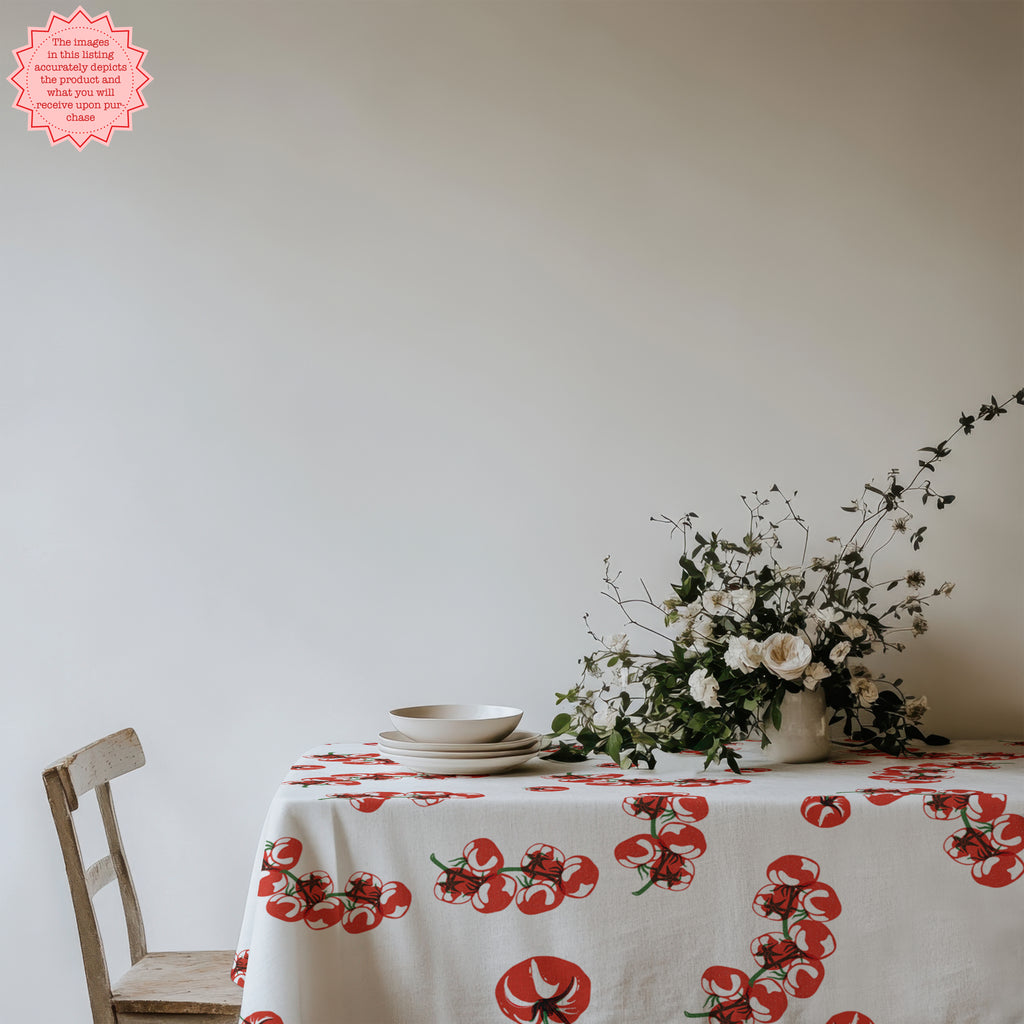 Tomato Block Print Tablecloth with a white background and red tomato illustrations, styled on a dining table with neutral plates, a folded napkin, and floral centerpieces, creating a vibrant Mediterranean vibe.