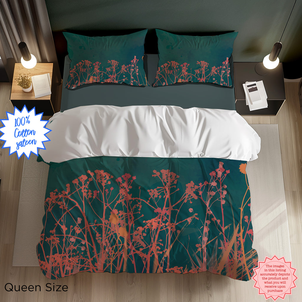 Dark Green Autumn Wildflower Duvet Cover – Cotton Sateen Botanical Bedding, Nature-Inspired Boho Bedroom Decor