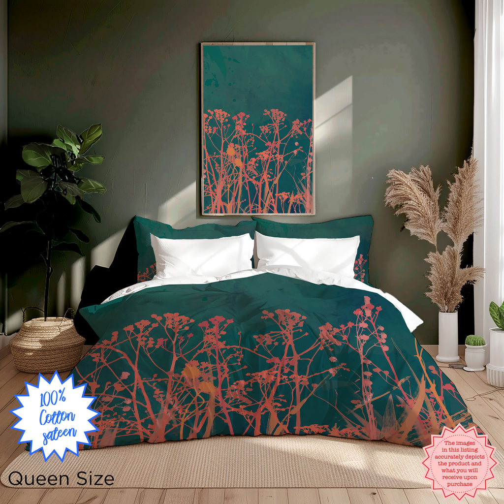 Dark Green Autumn Wildflower Duvet Cover – Cotton Sateen Botanical Bedding, Nature-Inspired Boho Bedroom Decor