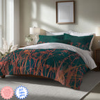 Dark Green Autumn Wildflower Duvet Cover – Cotton Sateen Botanical Bedding, Nature-Inspired Boho Bedroom Decor
