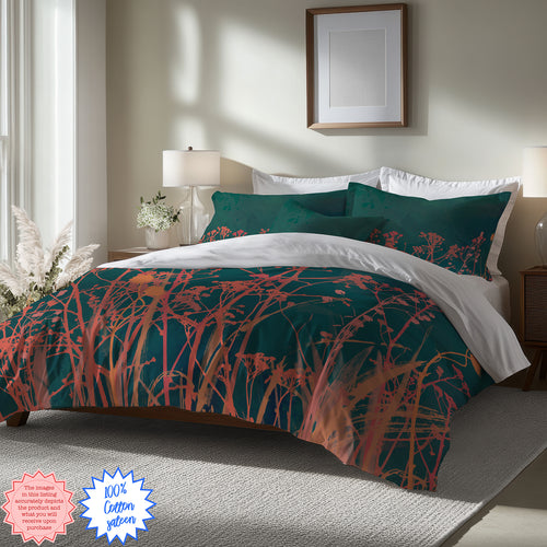 Dark Green Autumn Wildflower Duvet Cover – Cotton Sateen Botanical Bedding, Nature-Inspired Boho Bedroom Decor