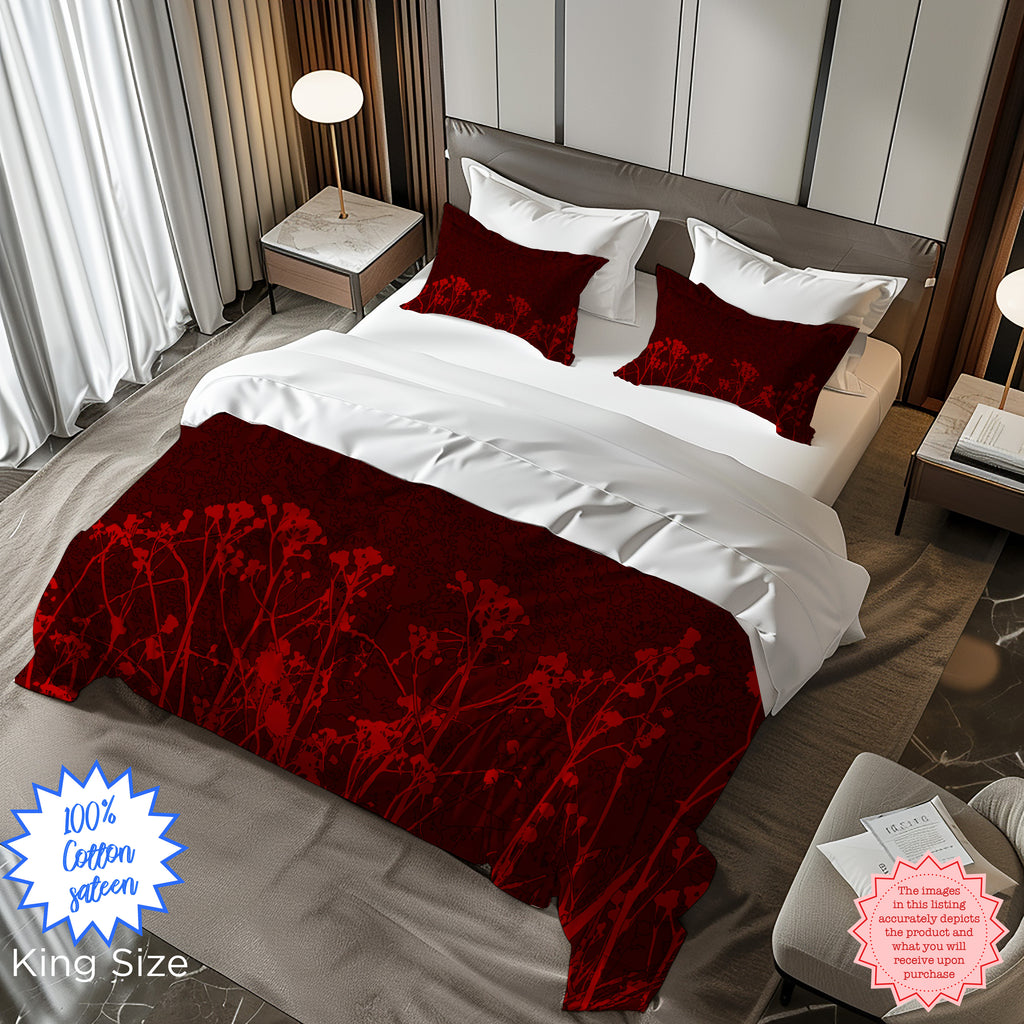 Dark Red Floral Duvet Cover – Cotton Sateen, Gothic Boho Bedding, Romantic Bedroom Decor