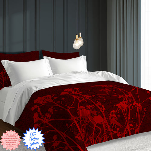 Dark Red Floral Duvet Cover – Cotton Sateen, Gothic Boho Bedding, Romantic Bedroom Decor