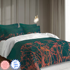 Dark Green Autumn Wildflower Duvet Cover – Cotton Sateen Botanical Bedding, Nature-Inspired Boho Bedroom Decor
