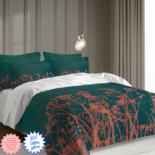 Dark Green Autumn Wildflower Duvet Cover – Cotton Sateen Botanical Bedding, Nature-Inspired Boho Bedroom Decor