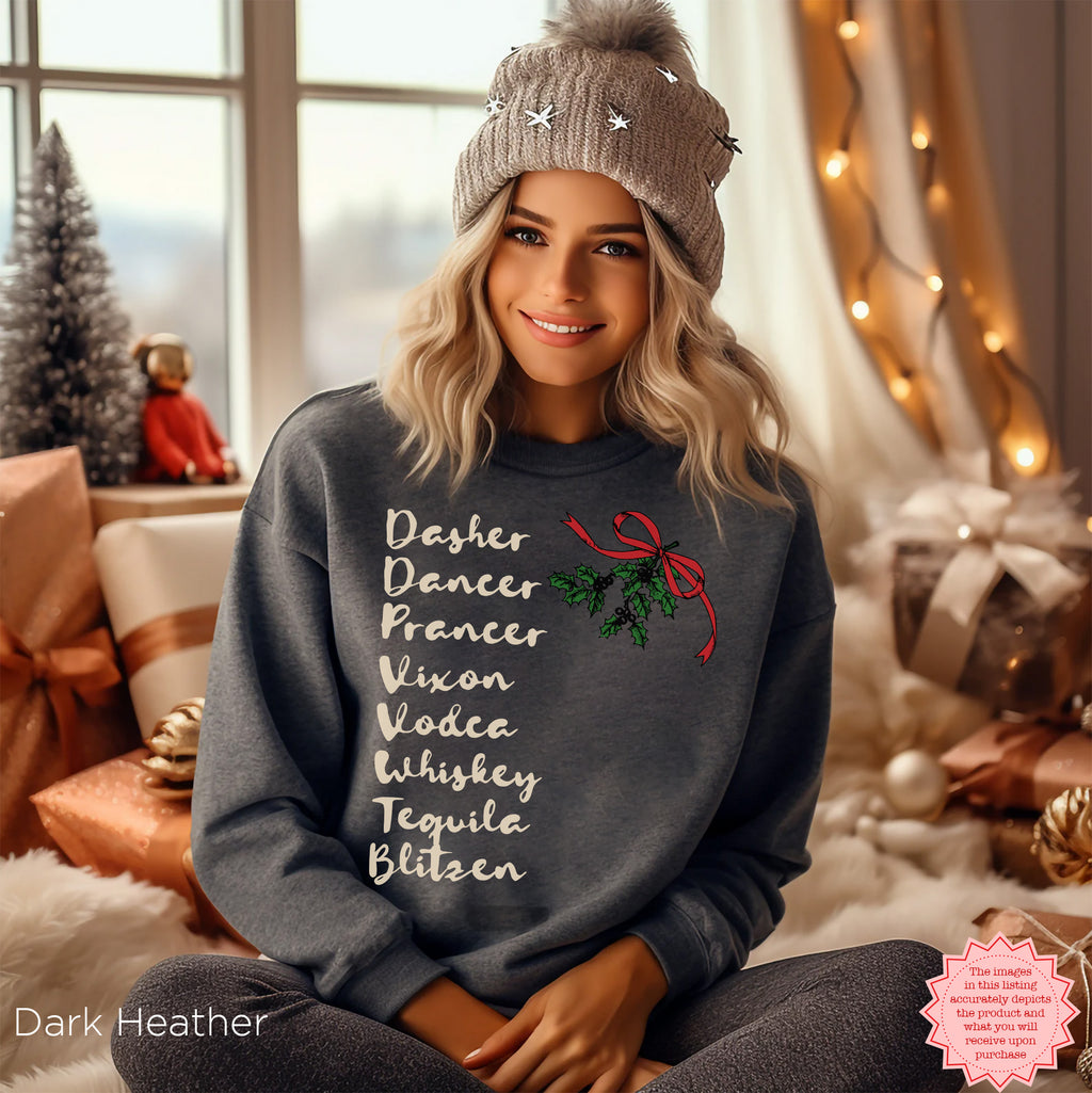 Front view of the Gildan 18000 Dark heather Christmas crewneck sweatshirt with a funny reindeer and cocktail-themed holiday design.