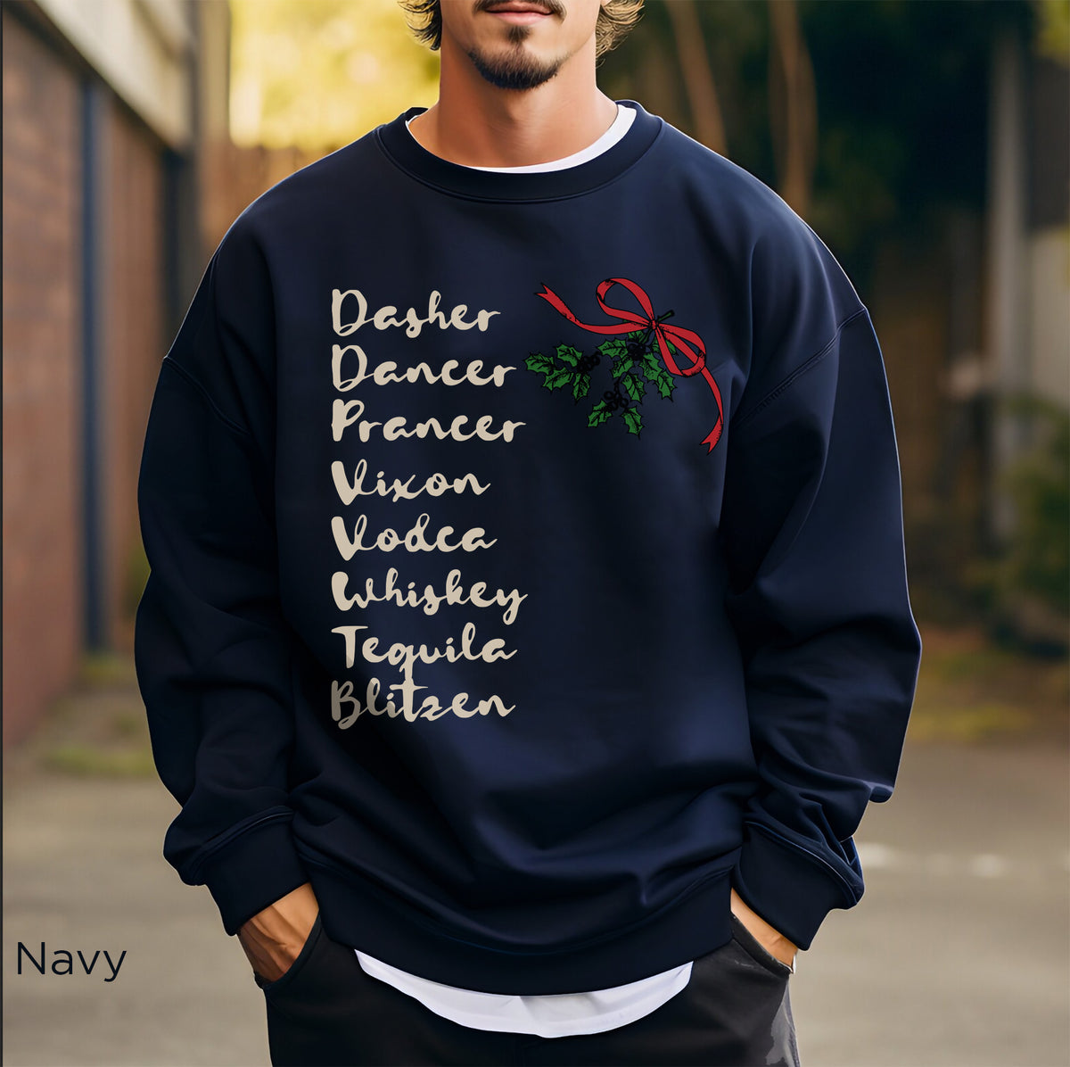 Navy Gildan 18000 funny Christmas crewneck sweatshirt featuring a cheeky holiday drinking design, ideal for festive gatherings and relaxed winter wear.