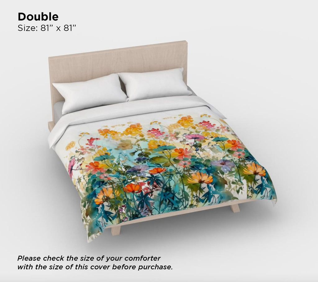 Vibrant Watercolor Wildflowers Cotton Sateen Duvet Cover – Spring Floral Bedding for King, Queen, & Twin Sizes