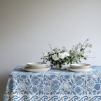 Mediterranean-inspired dusty blue and white fruit tablecloth for dining