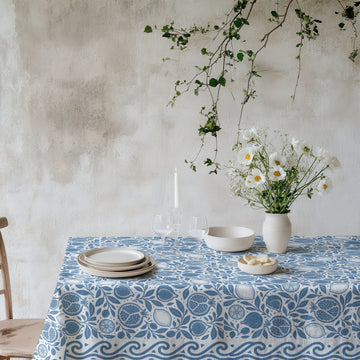 Pomegranate, Fig & Lemon Tablecloth – Dusty Blue Botanical Cotton Twill