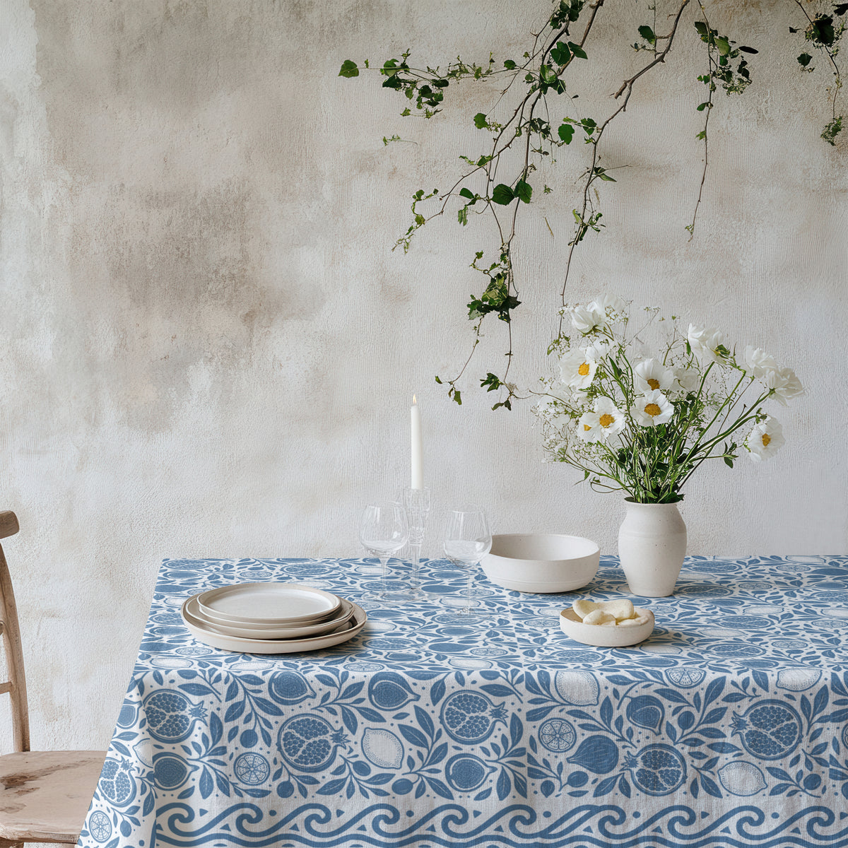 Dusty blue pomegranate, fig and lemon botanical cotton twill tablecloth