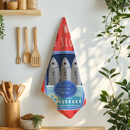 Eat Well, Live Slowly Tea Towel – Italian Market Cotton Kitchen Towel | Fisherman's Aesthetic Sardines Decor, Mediterranean Foodie Gift