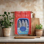 Eat Well, Live Slowly Tea Towel – Italian Market Cotton Kitchen Towel | Fisherman's Aesthetic Sardines Decor, Mediterranean Foodie Gift