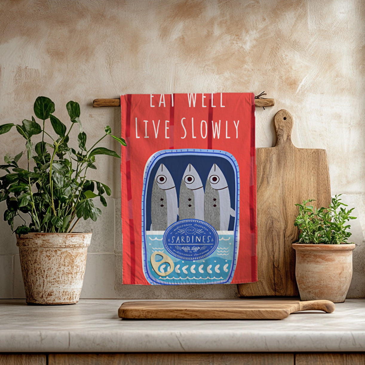 Eat Well, Live Slowly Tea Towel – Italian Market Cotton Kitchen Towel | Fisherman's Aesthetic Sardines Decor, Mediterranean Foodie Gift