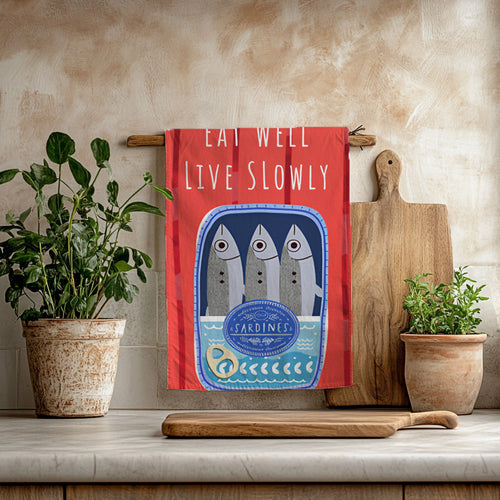 Eat Well, Live Slowly Tea Towel – Italian Market Cotton Kitchen Towel | Fisherman's Aesthetic Sardines Decor, Mediterranean Foodie Gift