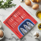 Eat Well, Live Slowly Tea Towel – Italian Market Cotton Kitchen Towel | Fisherman's Aesthetic Sardines Decor, Mediterranean Foodie Gift