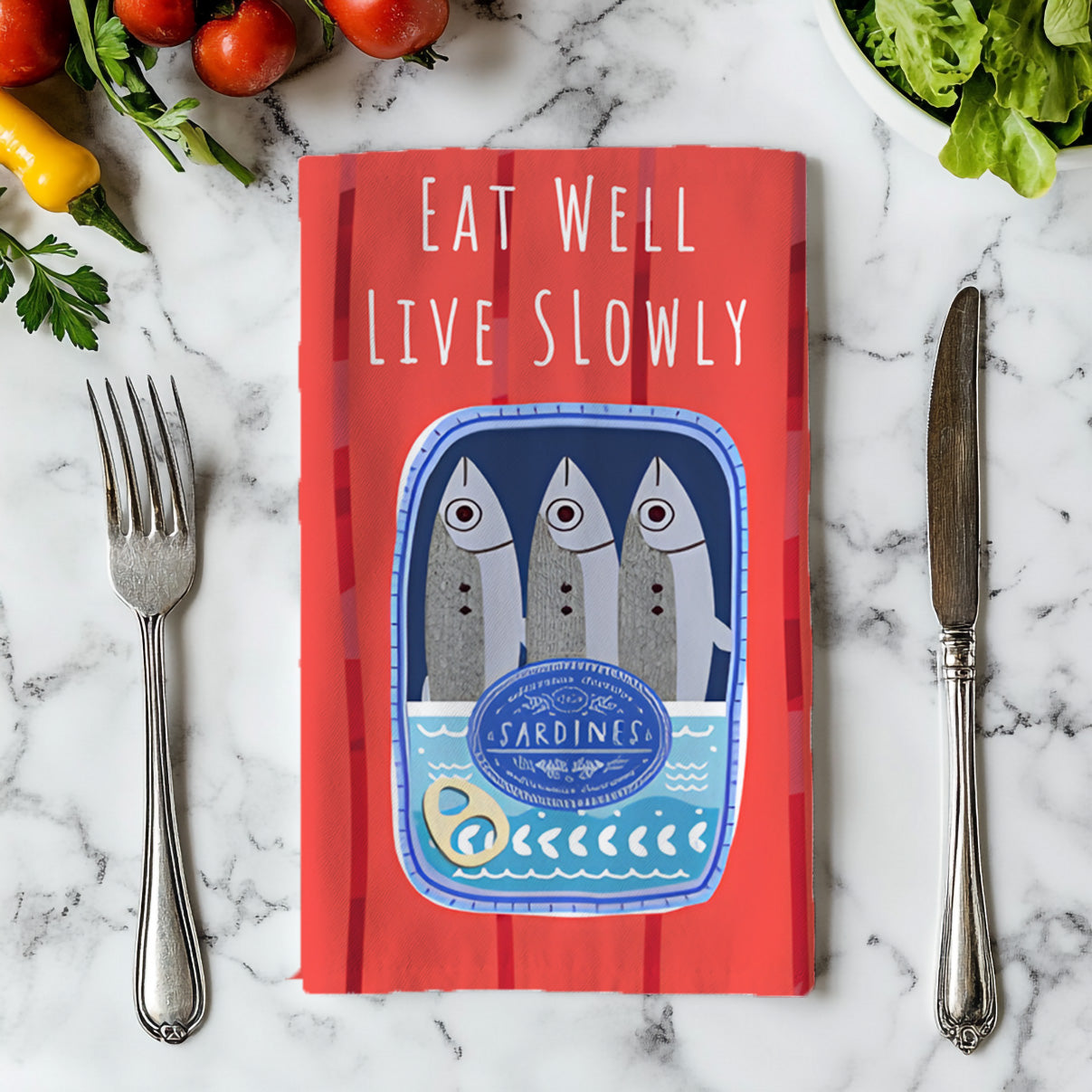 Eat Well, Live Slowly Tea Towel – Italian Market Cotton Kitchen Towel | Fisherman's Aesthetic Sardines Decor, Mediterranean Foodie Gift