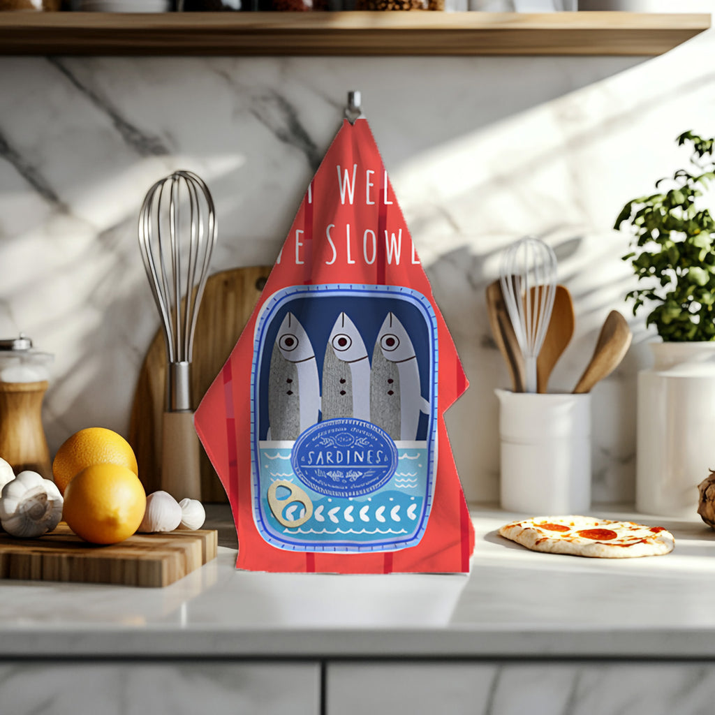Eat Well, Live Slowly Tea Towel – Italian Market Cotton Kitchen Towel | Fisherman's Aesthetic Sardines Decor, Mediterranean Foodie Gift